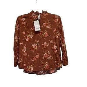 jolt Smocked Mock Neck floral tunic blouse sz S relaxed Long cuff sleeve pleated